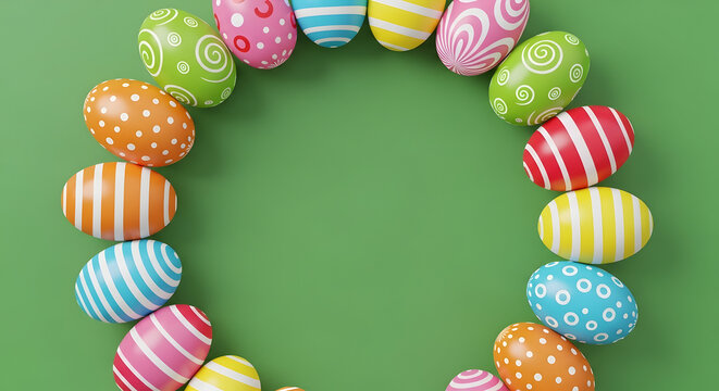 Green background with colorful easter eggs border