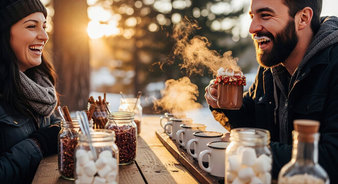 Couple enjoying hot beverages with marshmallows outdoors