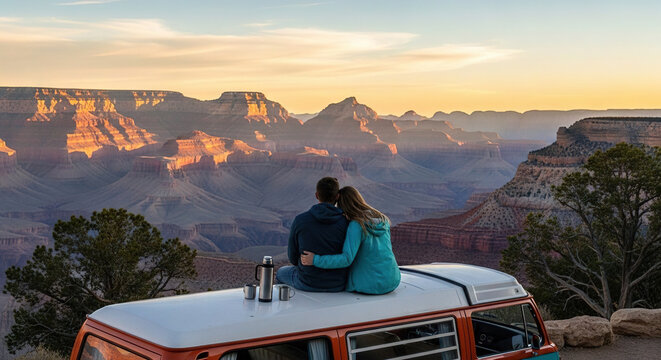 Couple enjoying scenic canyon sunset on road trip