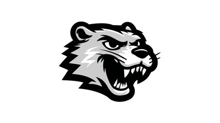 A snarling, fierce animal head, in grayscale, featuring sharp teeth and an intense, focused expression