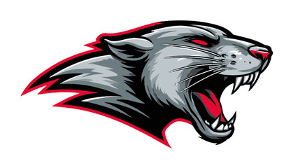 A snarling predator head, gray and black tones with red accents, set against a white backdrop