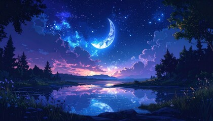 Naklejka premium Mystical night forest lake with glowing moon and starry sky reflection