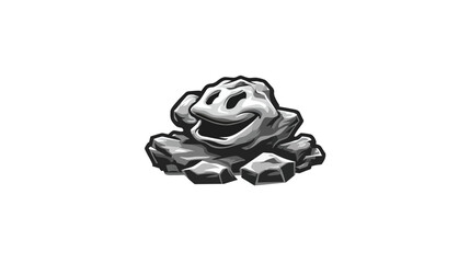 A smiling, grayscale illustration of a cartoon rock with a happy face