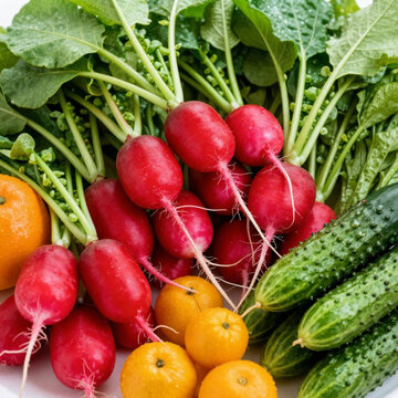 A vibrant and colorful assortment of fresh vegetables and fruits on a white surface