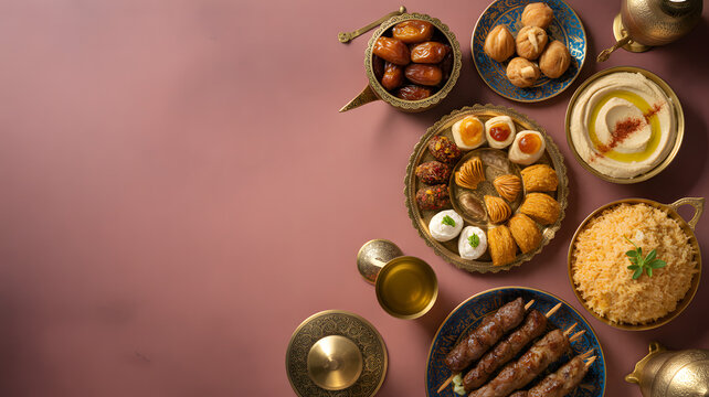 Middle Eastern Cuisine Variety with Dates, Hummus, Rice, Sweets, and Kofta