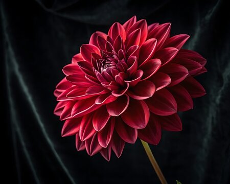 Large dark red dahlia flower on black velvet background with dramatic lighting