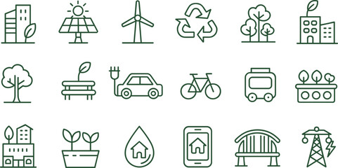 Green sustainable energy and eco city line icon set with renewable power, recycling, transport and smart home symbols © Rubel