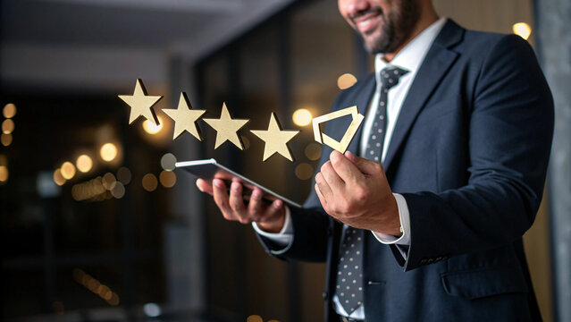 Businessman holding a phone with five star rating icons appearing above it.