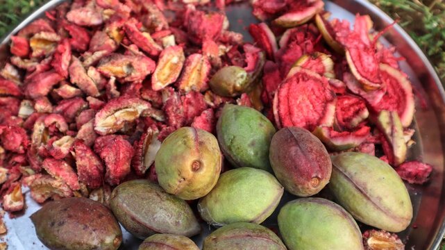 Red almonds cut raw. Tender fresh almonds freshly plucked 