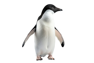 Fototapeta premium Adelie penguin standing with flippers extended against a white isolated background.