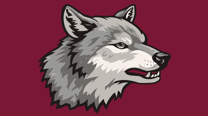 A grayscale wolf head illustration against a maroon backdrop, with sharp details and a fierce expression
