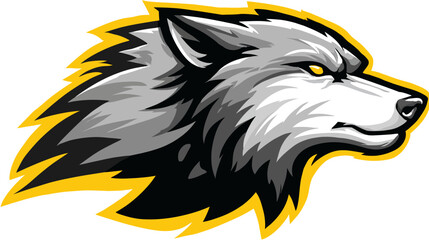 A stylized illustration of a wolf's head in profile, using yellow, black, white, and gray colors
