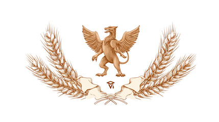 A heraldic illustration showcasing a griffin, wheat, ribbons, and a symbol on a white background