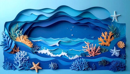 Underwater coral reef seascape with tropical fish and ocean waves in vibrant blue tones