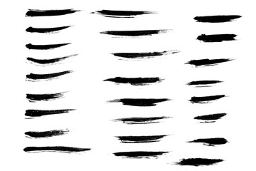 Big collection of black paint, ink brush strokes, brushes, lines, grungy. Dirty artistic design elements, boxes, frames. Vector illustration. Isolated on white background. Freehand drawing