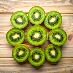 Kiwi Slices: A captivating arrangement of fresh kiwi slices, showcasing the vibrant green interior with striking patterns, presented on a rustic wooden surface.
