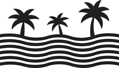 Obraz premium Tropical beach island silhouette with palm trees and ocean waves in minimal black flat vector design