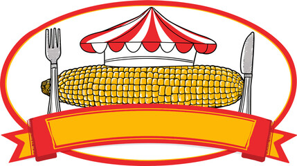A cartoon image of corn on the cob, with a circus tent top and cutlery on an oval frame