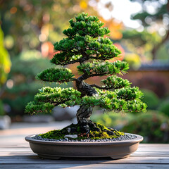 Bonsai Serenity: An elegant bonsai tree stands gracefully in a serene garden setting, its meticulously shaped branches and lush foliage a testament to the art of cultivation and tranquility.