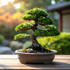 Bonsai Tree's Serenity: A meticulously crafted bonsai tree sits gracefully in its pot, its miniature form mirroring the beauty of nature.