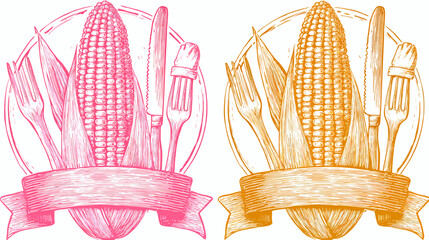 Two-part illustration featuring corn on the cob, cutlery, leaves, and a ribbon