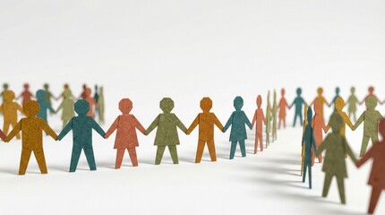 Perspective View of Colorful Origami Paper Figures Holding Hands, Concept for Corporate Teamwork, Partnership, and Diversity in the Workplace