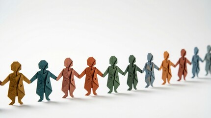 Perspective View of Origami Paper People Holding Hands in a Long Row, Symbolizing Teamwork, Corporate Unity, and Global Social Connection on White Background