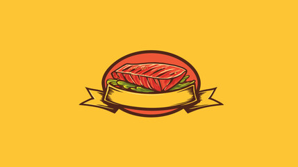 A stylized illustration features a grilled meat cut atop lettuce, set within a circular design with a banner