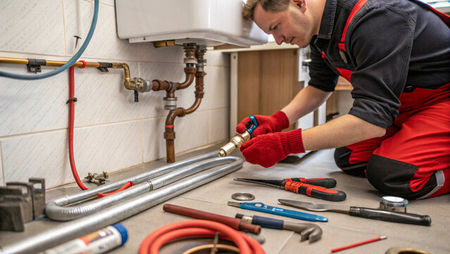 Professional plumber working on a complex pipe system under a kitchen sink.