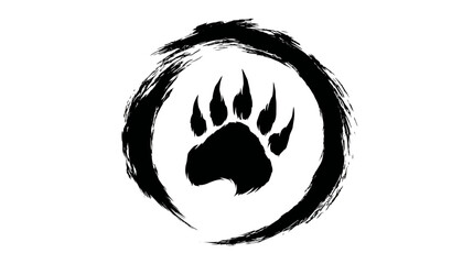 A black bear paw print inside a swirling brushstroke circle on a white background