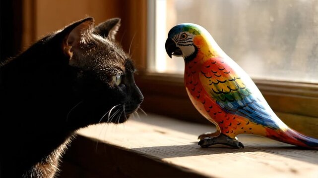 Cat and colorful parrot sculpture with sunlight indoors