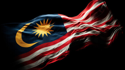 Naklejka premium malaysian flag waving in the wind. flag of malaysia on dark black background