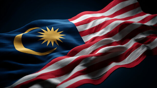 malaysian flag waving in the wind. flag of malaysia on dark black background