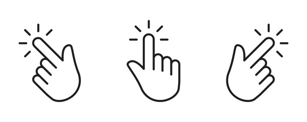 Fototapeta premium Three graphic representations of a hand cursor with a finger extended and pointing. Each icon depicts a clicking action with radiating lines. These are useful for website design and user interface ele