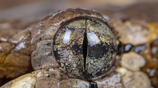Close-up of a snakes eye, showing intricate details and patterns.