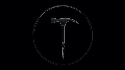 A hammer with a screw-like shaft in a circular frame against a dark background
