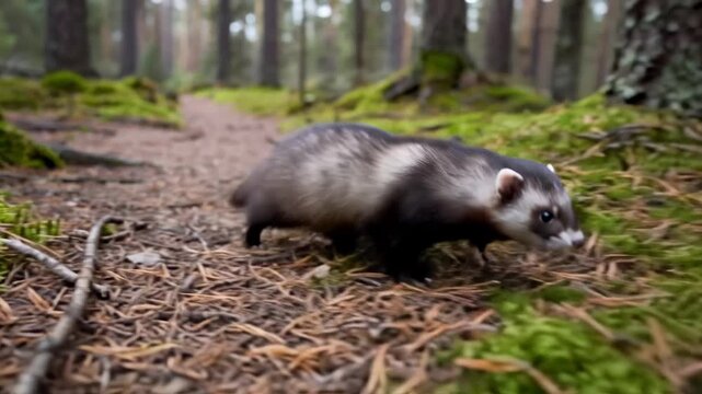 A curious ferret explores the forest floor, searching for food.