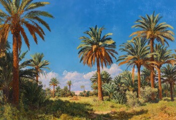 Obraz premium Sun-drenched Palm Oasis with Vivid Blue Sky and Sparse Desert Flora.