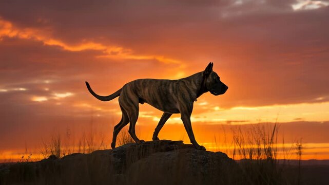Presa canario dog standing proud on hill at sunset with glowing sky