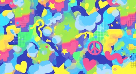 Fototapeta premium Vibrant Abstract Pattern with Hearts, Stars, and Peace Symbols