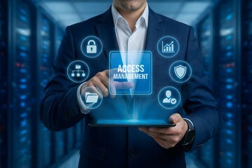 Cybersecurity access control concept with digital lock in data center