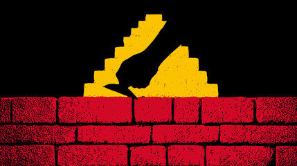 Graphic with a hand, yellow steps, and red bricks against a black background