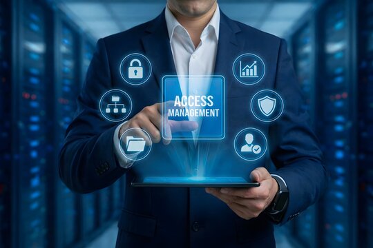 Cybersecurity access control concept with digital lock in data center