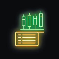 Fototapeta premium Glowing neon icon representing financial analytics, featuring a candlestick chart above a report, symbolizing market analysis and data interpretation