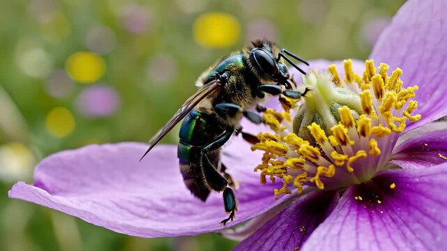 Bee Pollinating a Purple Flower in a Natural Environment.
