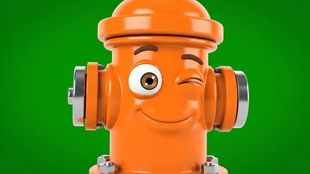 Cartoon fire hydrant character with cheerful expression on green backdrop