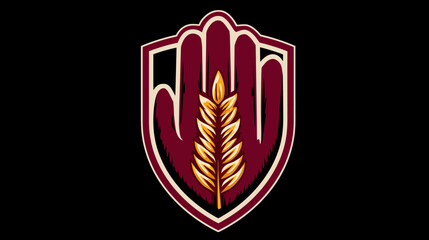 A stylized emblem, depicting a hand with an ear of wheat in the center, framed within a shield