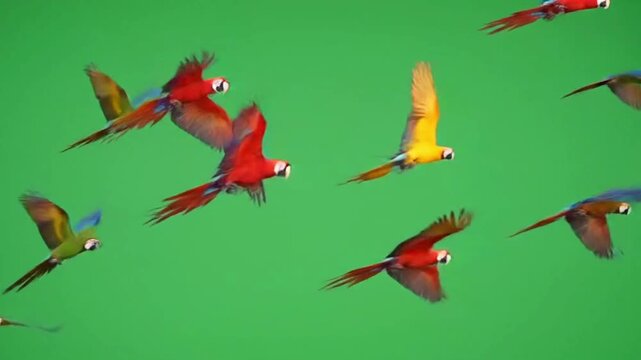 red and green parrot flying in green screen 