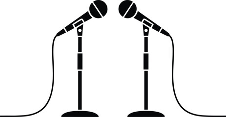 Minimalist black and white silhouette of two microphones on stands for podcast interviews. © NR