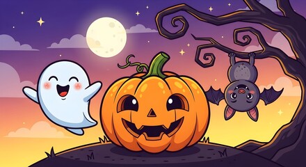 Whimsical Halloween scene with a cute pumpkin lantern, a friendly ghost, and a bat hanging from a tree under a full moon and starry sky.